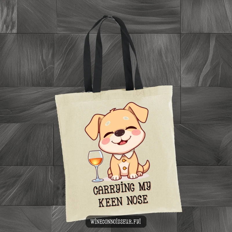 Funny tote bag featuring a happy dog playing sommelier, eyes closed, sniffing an invisible wine aroma with a look of pure, humorous appreciation.