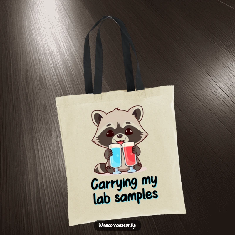 Funny tote bag with a cheerful raccoon comparing two different colored liquid samples, highlighting its experimental nature and love for discovery.