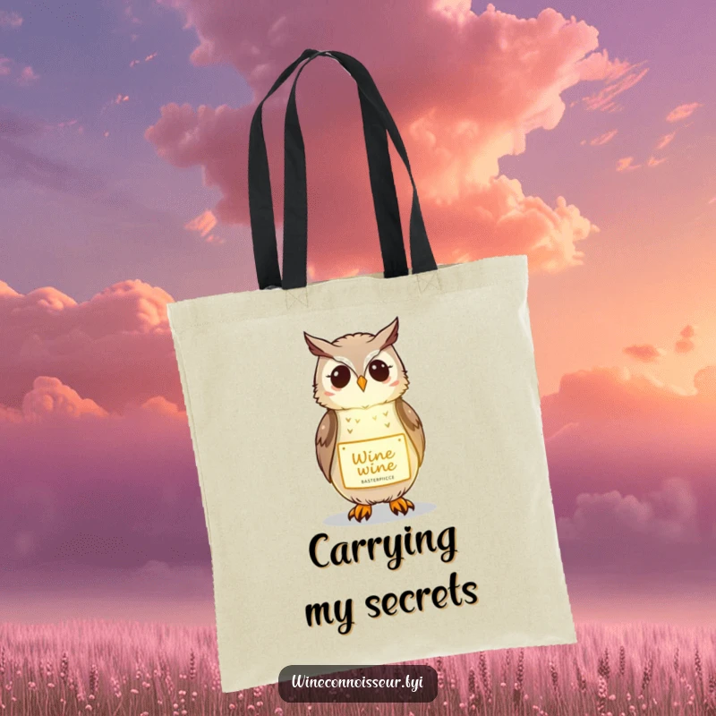 Funny tote bag with a kawaii owl illuminating a wine label with a gentle glow, perfect for carrying wine with humor.