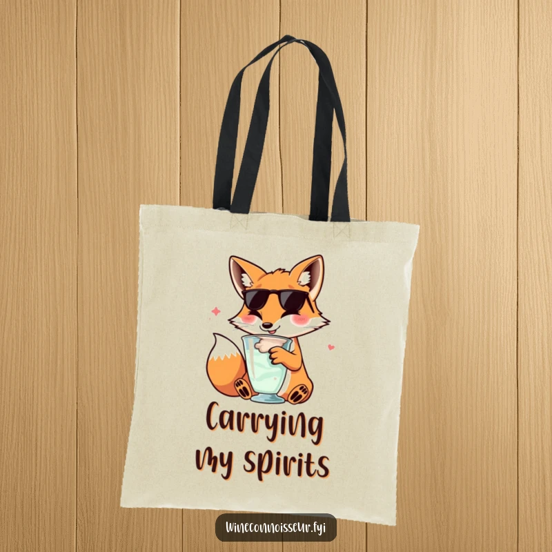 Funny kawaii fox tote bag, character swirling wine glass, sophisticated happy expression, stylish and amusing accessory.