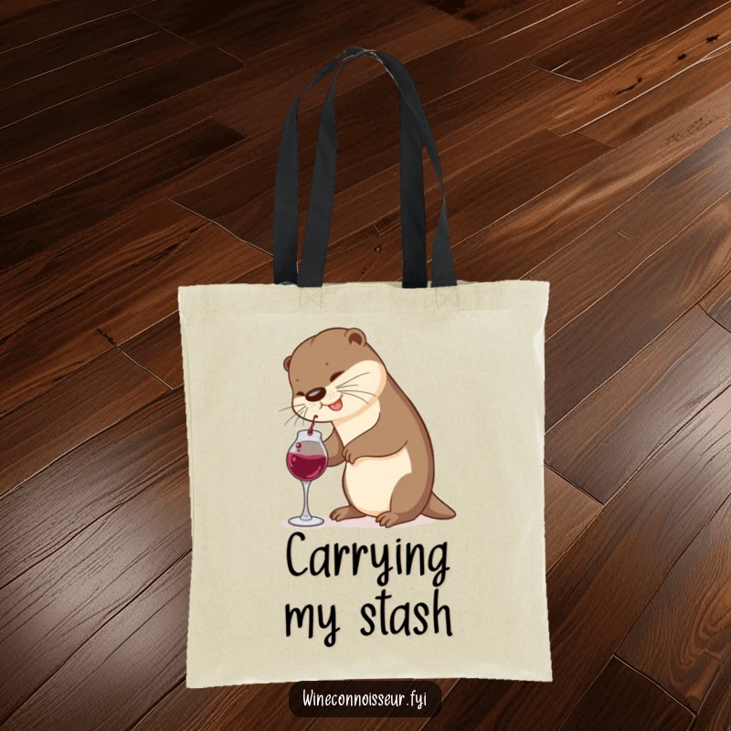 Funny Otter Tote Bag: A playful otter hilariously attempts to pour wine from a tiny decanter, perfect for grocery runs.