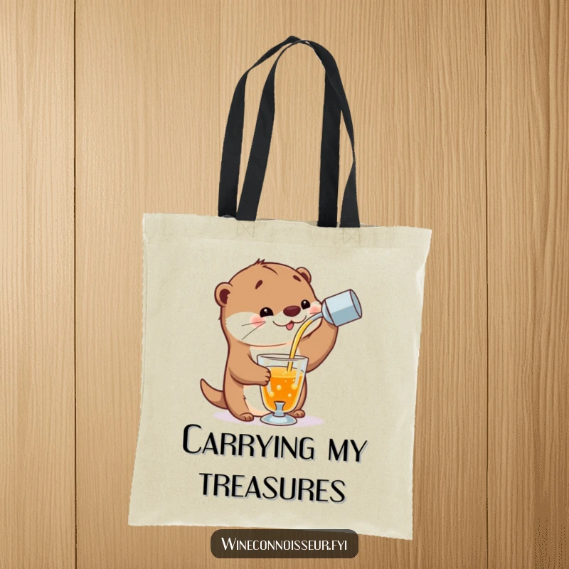 Funny tote bag featuring a playful otter character expertly pouring a stream of amber liquid into a delicate glass, embodying bar sophistication.