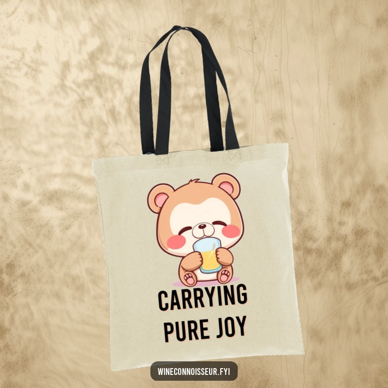 Funny bear tote bag with a joyful bear character savoring a sip with eyes closed, perfect for carrying calm and joy.