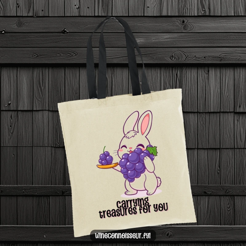Funny tote bag featuring a delighted rabbit carefully presenting a single perfect grape with great care, perfect for carrying items with a heartwarming, humorous touch.
