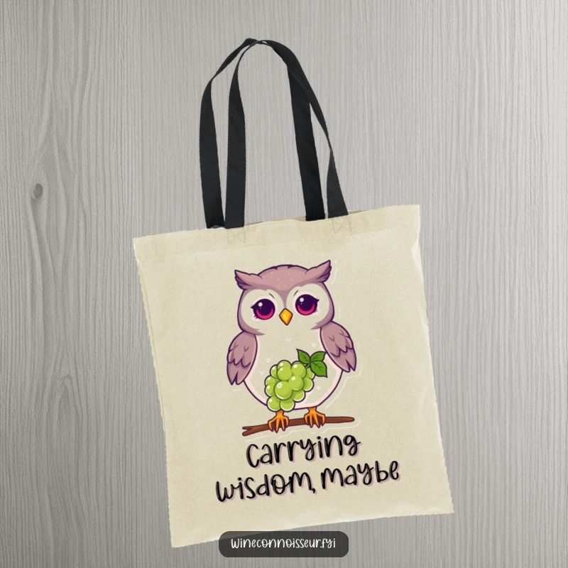 Funny proud owl tote bag, balancing grape on beak, cute and practical accessory for bird admirers.