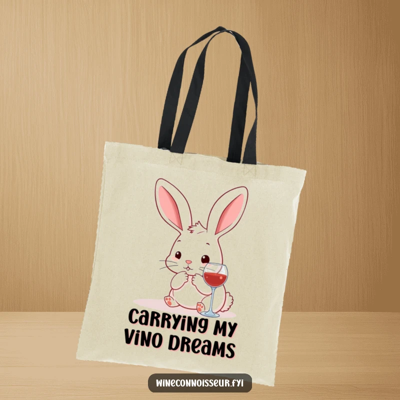 Funny kawaii rabbit tote bag, a cute bunny thoughtfully choosing wine, perfect for stylish and humorous errands.