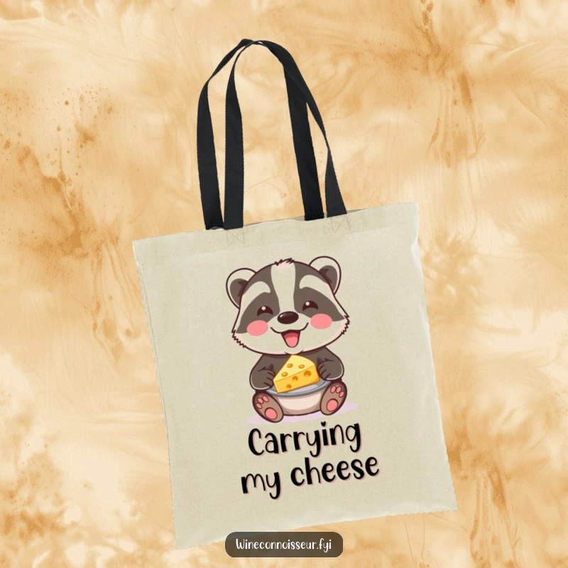 Funny badger cheese tote bag showcasing a joyful badger offering a cheese board. Perfect for shopping and carrying snacks.