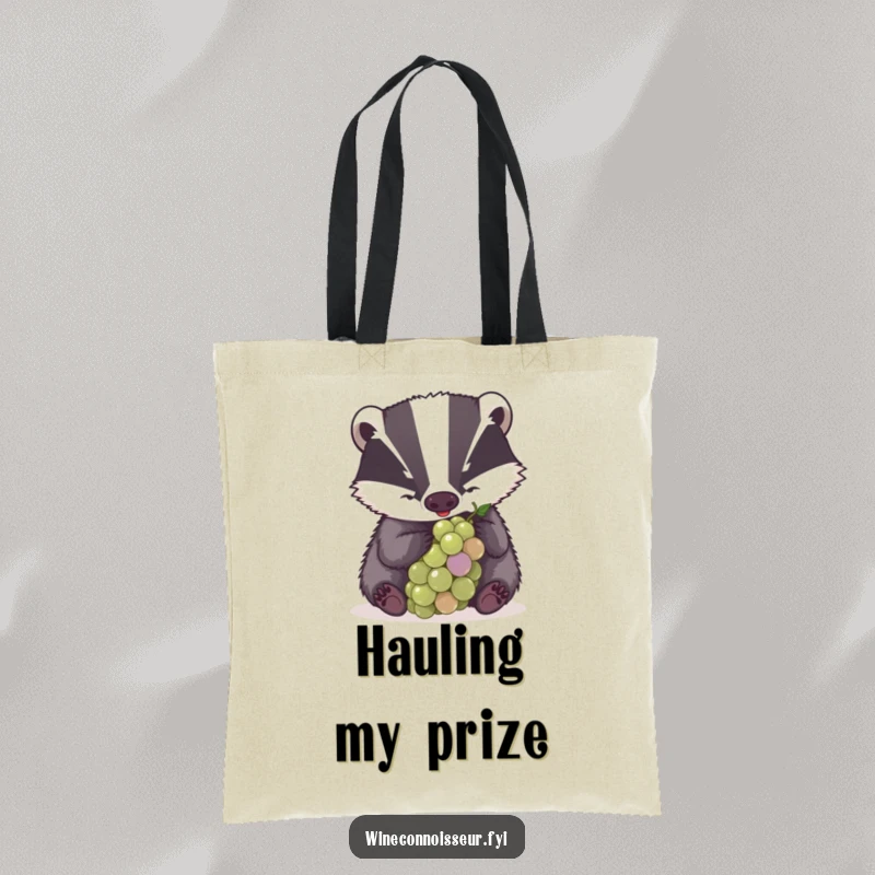 Funny tote bag depicting a determined badger examining a grape with great concentration, a humorous and purposeful accessory.