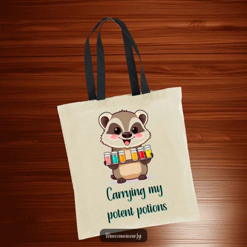 Funny tote bag with a delighted badger presenting a tasting flight of tiny vials, showcasing its appreciation for fine liquids with a happy wink.