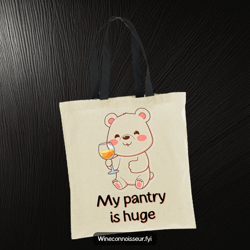 Funny tote bag with a happy bear character holding a wine glass in its paw, perfect for carrying wine and smiles.