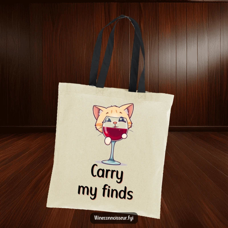 Funny tote bag with a playful cat character peering inquisitively into a wine glass, ideal for carrying your personal treasures.