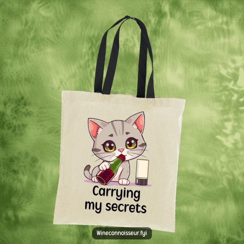 Funny tote bag showcasing a curious cat character intensely sniffing a wine bottle with wide eyes, perfect for carrying daily items.
