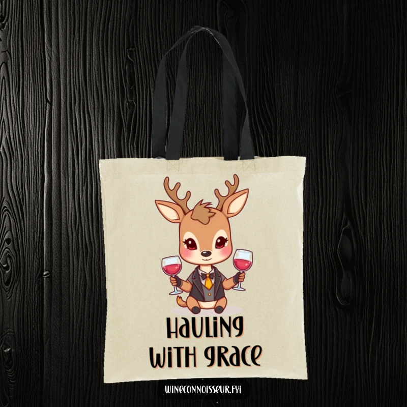 Funny deer tote bag with a dignified character elegantly holding a wine glass and a reserved smile, for stylish, humorous carrying.