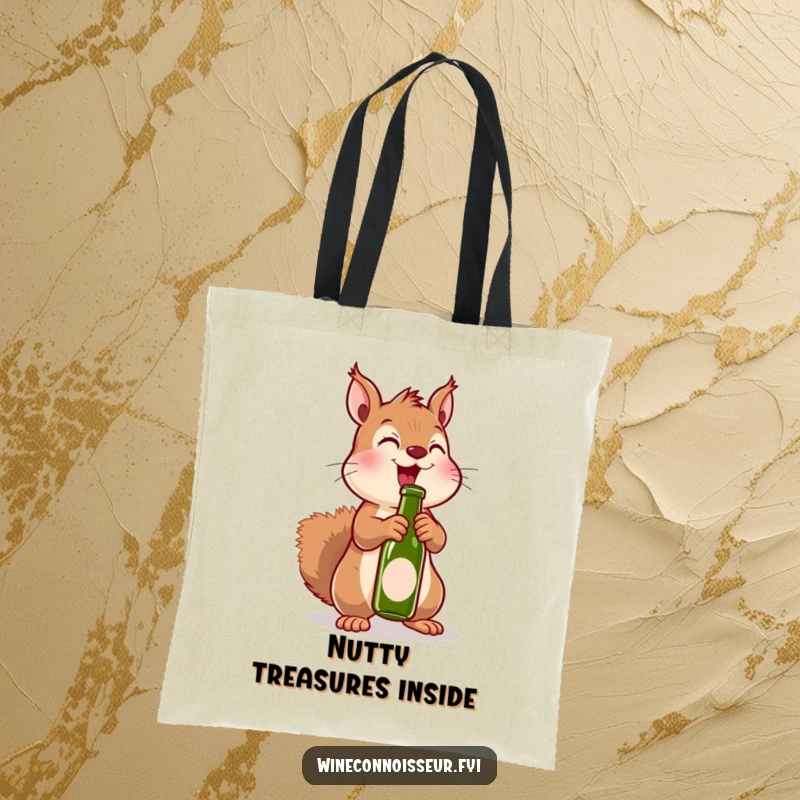 Funny tote bag with an excited kawaii squirrel uncorking a miniature bottle, perfect for carrying party essentials with humor.