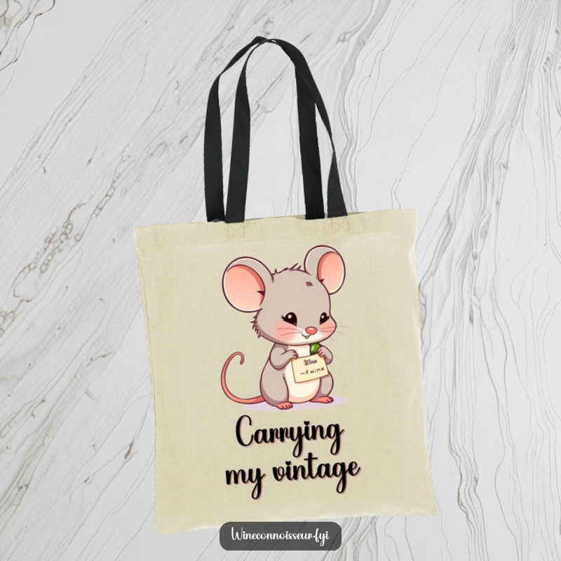 Funny wine mouse tote bag showing a thoughtful mouse studying a wine label. Practical and humorous for wine lovers.