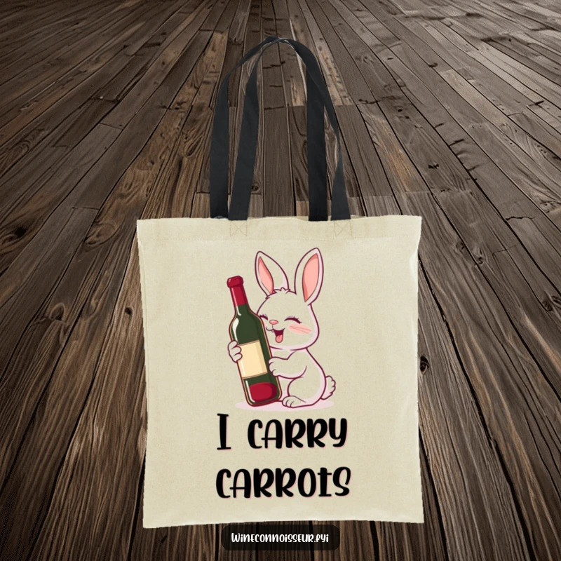 Funny tote bag with a giggling rabbit showing delight while sniffing a wine bottle, perfect for carrying everyday items.