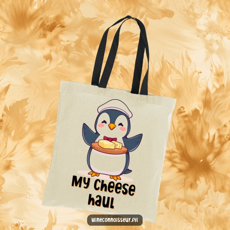 Funny tote bag with a perky penguin server proudly displaying a cheese platter, perfect for carrying party supplies.