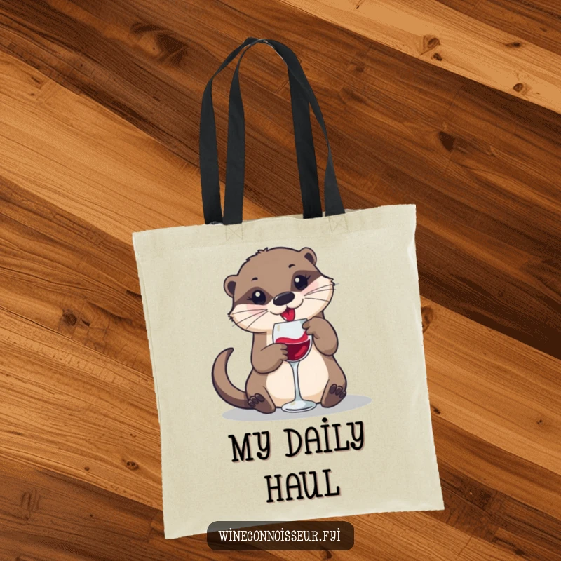 Funny tote bag with a playful otter swirling wine in a small glass, perfect for carrying wine and good times.