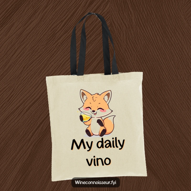 Funny tote bag featuring a sophisticated fox character swirling sparkling liquid, a stylish and practical accessory.