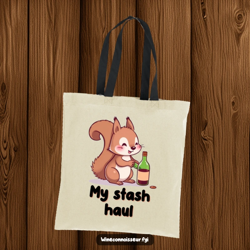 Funny tote bag with a playful squirrel attempting to uncork a miniature wine bottle, perfect for carrying wine and humor.