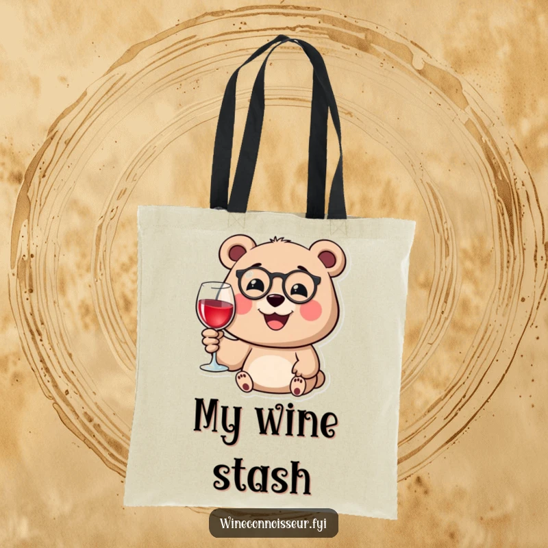 Funny tote bag showcasing a happy bear with a monocle, smiling as he holds a wine glass, perfect for carrying essentials.