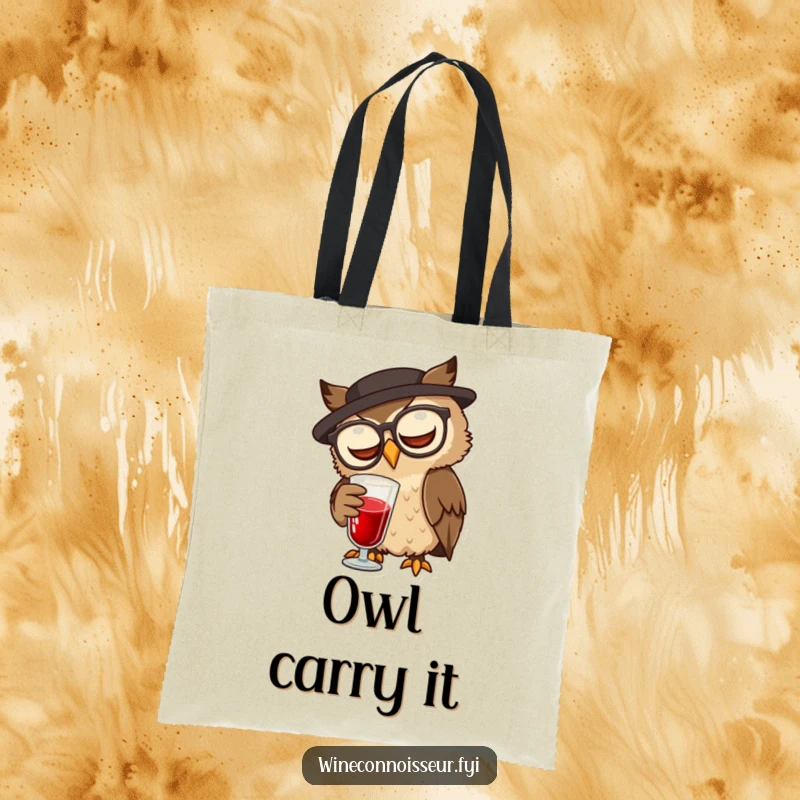 Funny wise brown owl with spectacles swirling wine, on a practical funny tote bag.