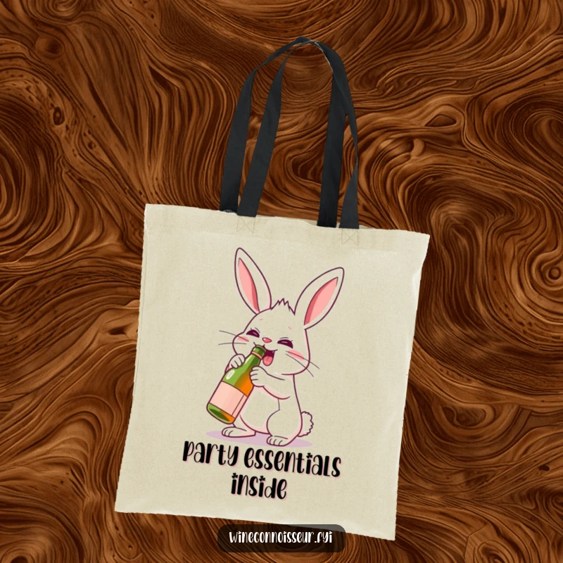 Funny rabbit character energetically uncorking a miniature wine bottle, printed on a practical and humorous tote bag.